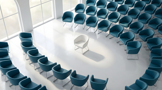One white armchair placed in center of blue chairs in circle