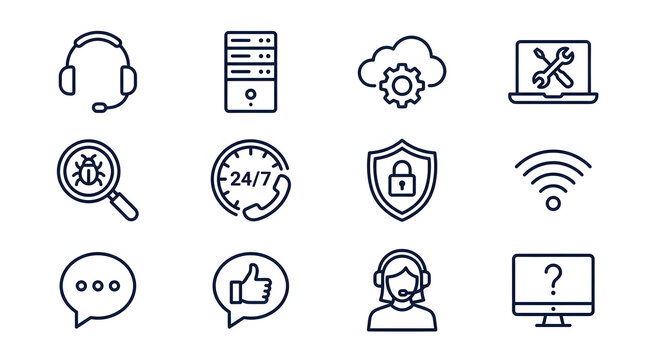 Set of outline customer service and technical support icons