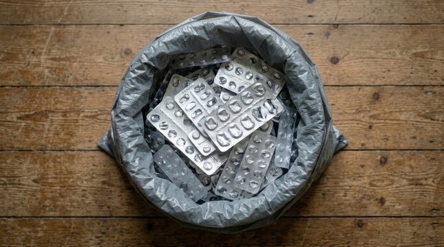 A top-down view of a grey plastic bag filled to the brim with empty blister packs of expired medication resting on a rustic wooden floor, symbolizing waste management and healthcare disposal