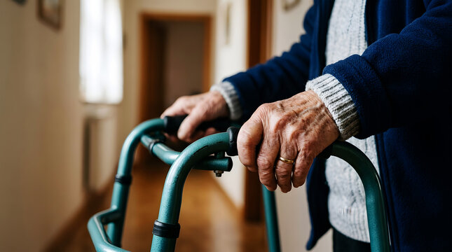 Elderly hands gripping a walking frame indoors in a hallway