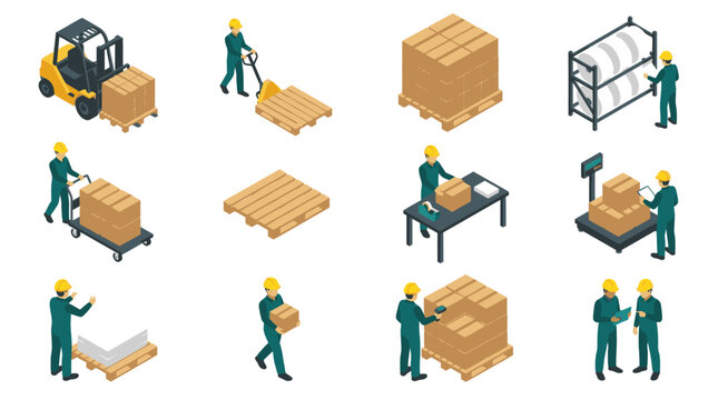 Sleek Isometric of Industrial Workers Handling Pallets and Parcels in Warehouse Environment with high quality professional line art symbols for modern creative design and digital branding projects