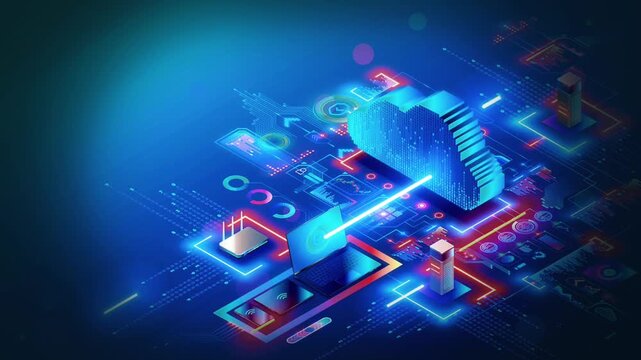 Isometric Cloud Computing Infrastructure Concept with Data Center Server and Network Connection