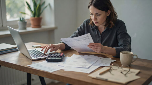 Focused woman at wooden desk uses calculator for financial audit.