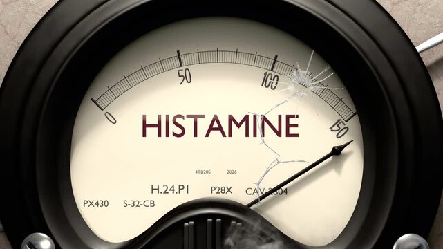 Histamine meter showing big levels of histamine. Dangerously increasing high values of histamine, critical overload. Too much, off the charts. Max histamine