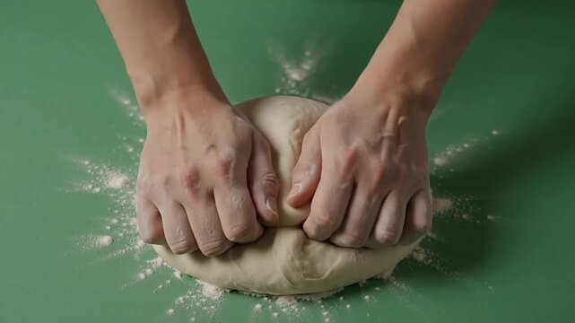 Baking Concept Video, Close-up of hands kneading raw dough for bread or pizza, preparing homemade pastry, light beige dough on green screen background, food preparation for restaurant or home