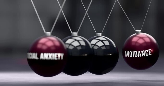 Social anxiety and avoidance in vicious cycle. Social anxiety causes avoidance. Newton cradle metaphor showing negative effects of social anxiety. Can be looped