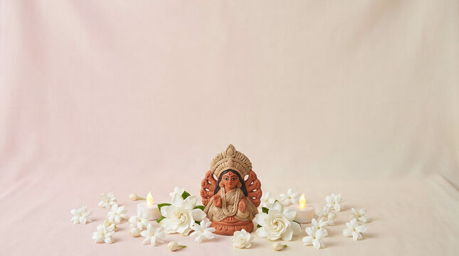 Traditional clay Ganesha statue surrounded by white jasmine petals on soft pink backdrop