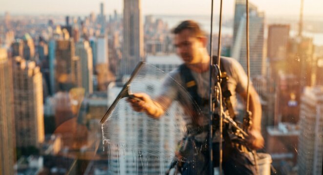 Motion-blurred window washer cleaning glass over city skyline