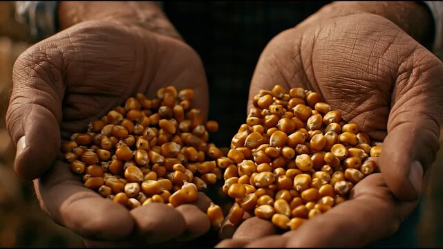Farmer Holding Golden Corn Kernels in Weathered Hands Close Up Symbolizing Agriculture Harvest Food Security and Sustainable Farming