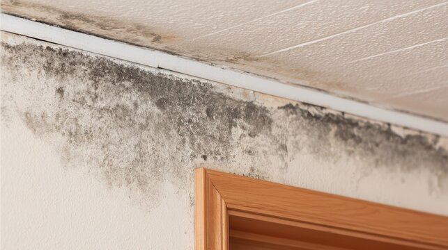 Severe water damage and dark mold spread across a cracked ceiling and wall. Ultra realistic details highlight urgent home repair and moisture problems.