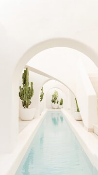 Minimalist Mediterranean arches frame a narrow aqua pool lined with potted cacti. Ivory plaster and sage tones evoke serene luxury and architectural elegance.