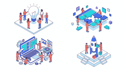 Fototapeta premium Clean Isometric Infographic Showing Team Collaboration Innovation Tech Development and Launch Concepts