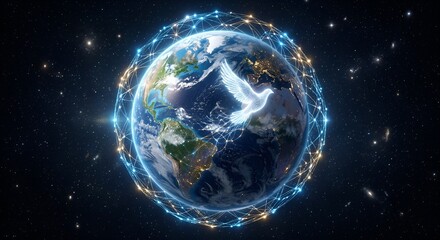 Naklejka premium White Dove Flying in Front of Earth Wrapped in Global Digital Network in Space