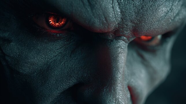Close-up of a fearsome monster face with glowing red eyes and textured skin