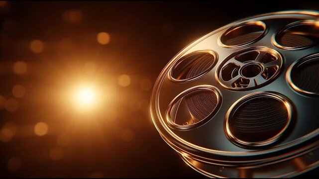 Golden Film Reel with Cinematic Light and Glowing Bokeh Background Luxury Movie Industry and Entertainment Concept