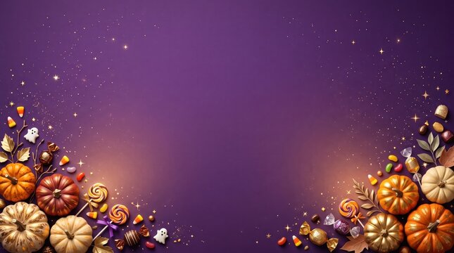 Halloween background with pumpkins and trick-or-treat candy on purple