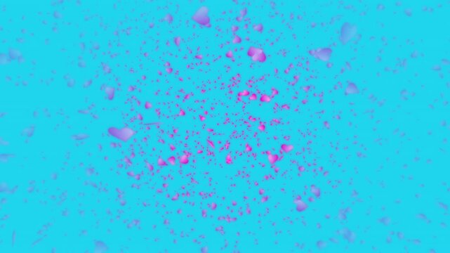 Pink heart shapes falling down or flying away on light blue background. Abstract background for Happy Valentine's day and wedding ceremony.
