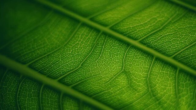 Close up of a vibrant green leaf vein pattern with cinematic motion and soft lighting