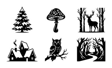 Fototapeta premium Forest Icons Set: Deer, Owl, Cabin, Tree, Mushroom, Woodland Path, Nature Graphics
