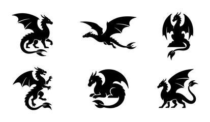 Fototapeta premium Mythical Dragon Silhouettes, Fantasy Creature Vector Icons, Legendary Beast Graphics Set