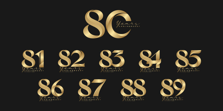 Luxury Gold 80 to 89 Years Anniversary Number Collection on Black Background