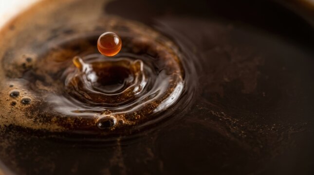 Dark coffee liquid droplet merging into rich pool of beverage creating textured surface