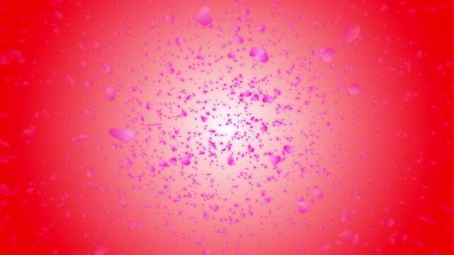 Pink heart shapes falling down or flying away on red gradient background. Abstract background for Happy Valentine's day and wedding ceremony.