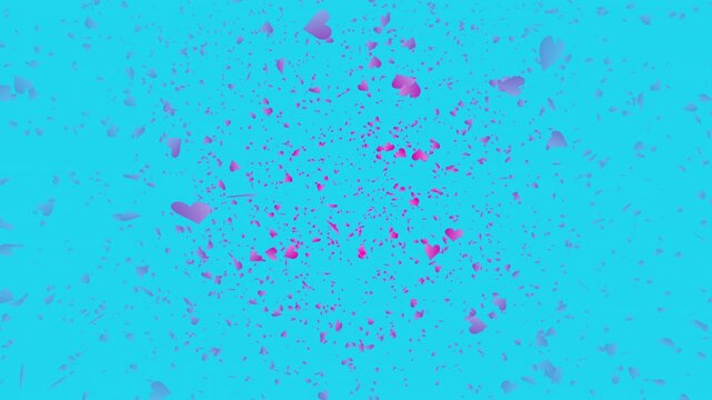 Pink heart shapes falling down or flying away on light blue background. Abstract background for Happy Valentine's day and wedding ceremony.
