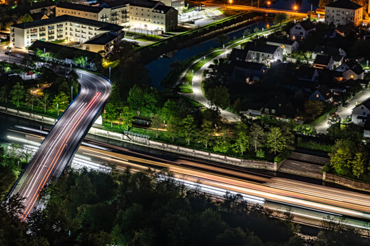 Kelheim cityscape at night with illuminated traffic trails