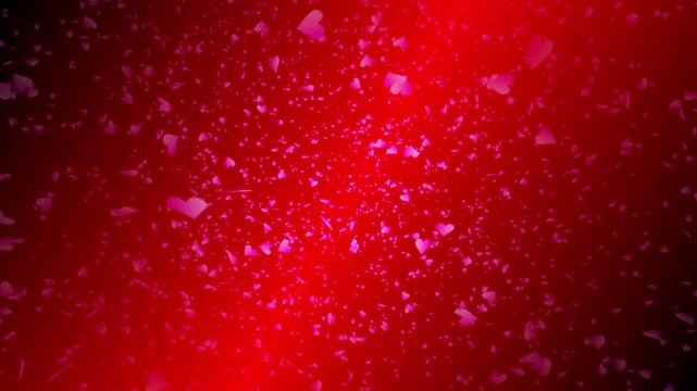 Pink heart shapes falling down or flying away on red gradient background. Abstract background for Happy Valentine's day and wedding ceremony.