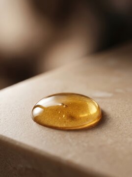 Golden serum droplet with tiny bubbles on a smooth beige surface closeup