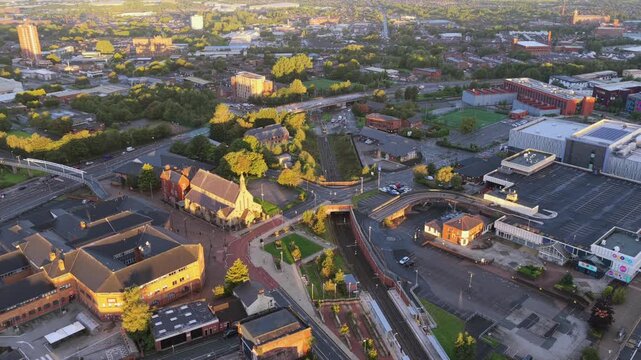 Aerial video of Oldham Way Dual Carriageway and King Street Area at Sunrise in Greater Manchester. 