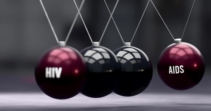 Hiv and aids in vicious cycle. Hiv causes aids. Newton cradle metaphor showing negative effects of hiv. Can be looped