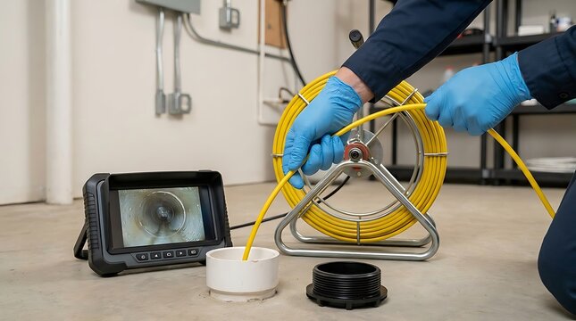 Professional plumber using a digital sewer inspection camera snake to diagnose a clogged drain pipe, showing technician hands and diagnostic monitor equipment.