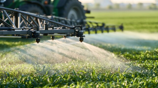 Tractor spraying crops in a green agricultural field