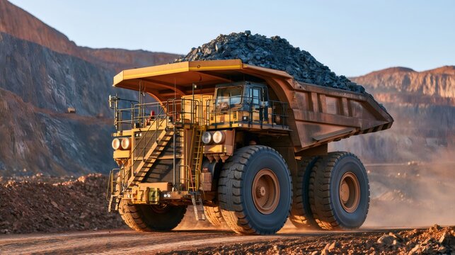 Mining haul truck transporting ore in open pit quarry