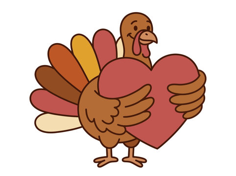 Cute cartoon turkey holding a large red heart for thanksgiving holiday celebration or romantic greeting card design