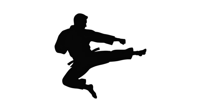 Martial arts silhouette performing a dynamic flying kick in action