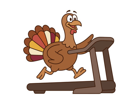 Funny cartoon turkey running on a treadmill to stay fit and healthy for the thanksgiving holiday season