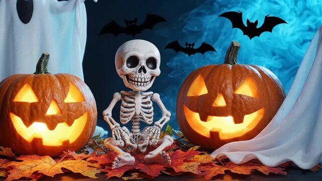 Family halloween celebration background, spooky skeleton with carved pumpkins, autumn holiday decoration animation footage for kids party greeting card design, social media content