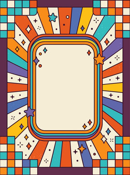 Retro Psychedelic Frame with Colorful Sunburst Rays and Stars Border Design.