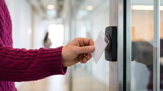 Close-up of a male hand holding an electronic key card to scan a door lock reader in a modern office corridor for security and access control management concept.