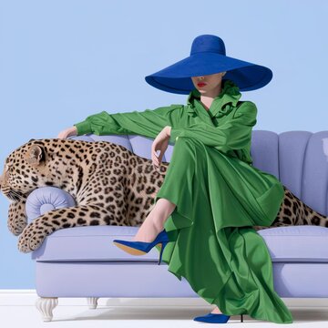Elegant woman in a flowing green dress and wide blue hat posing beside a leopard, creating a surreal luxury fashion scene inspired by wildlife and bold editorial style