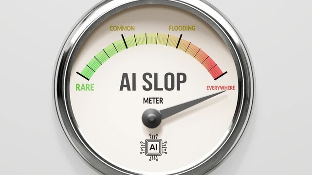Ai slop - ai generated slop at maximum. High and rising values of ai slop. Meter needle reaching everywhere levels. Ai slop values off the charts. (No AI, made by humans for humans).