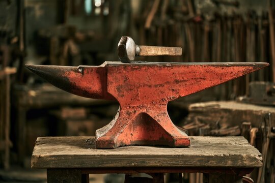 Red anvil rests on wooden table