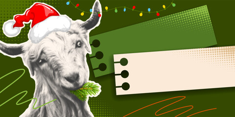 Obraz premium 2027 Chinese Lunar New Year funny retro banner template with halftone texture, newspaper cut goat head with Santa hat and fir tree twigs. Vintage collage design with goat portrait. Vector
