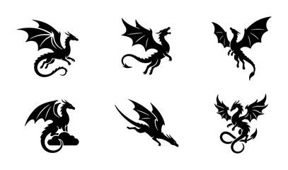 Fototapeta premium Dragon Silhouettes Vector Set: Mythical Creatures, Fantasy Icons, Medieval Beasts, Dark Fantasy Art