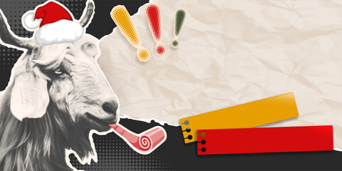 Obraz premium 2027 Chinese Lunar New Year funny retro banner template with halftone texture, newspaper cut goat head with Santa hat and blowing a party blower. Vintage collage design with goat portrait. Vector