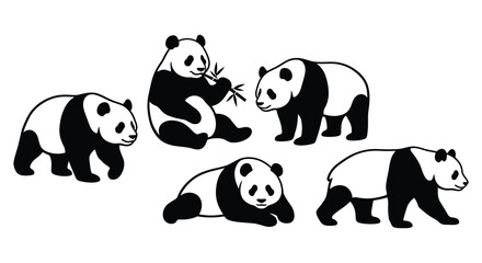 Five panda bears in various poses depicted as a black silhouette © SAKINA