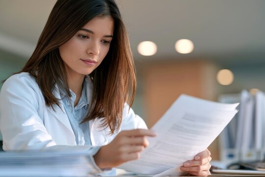 Young woman in lab coat reads documents intently